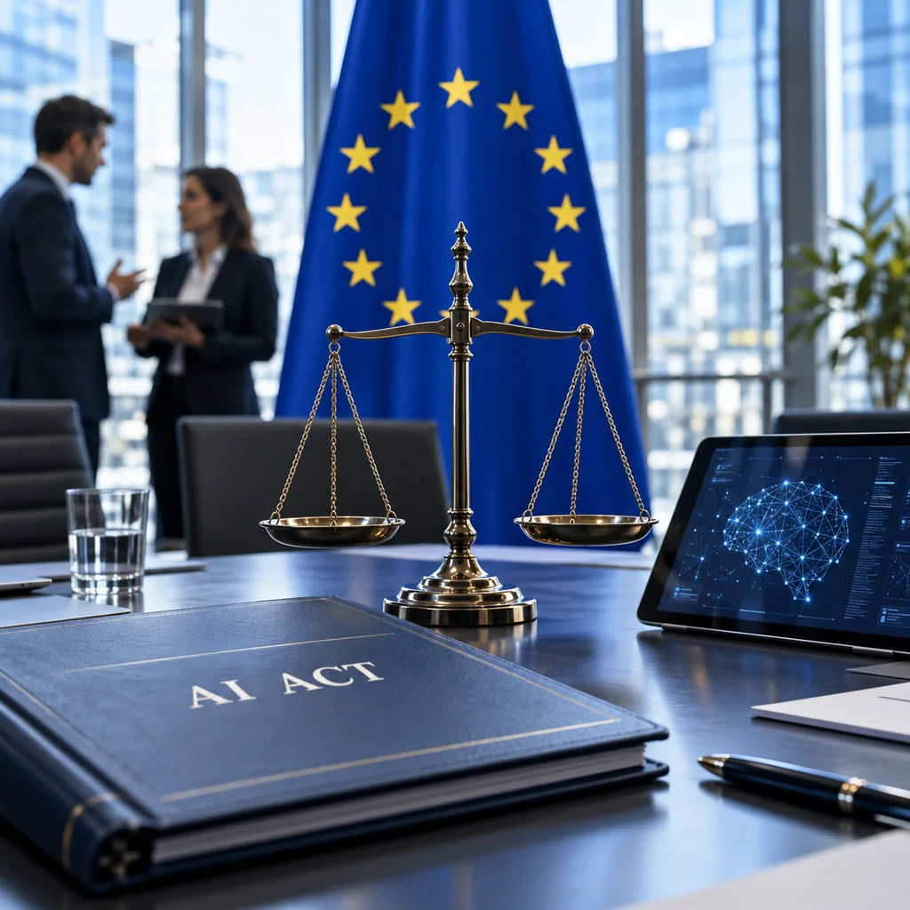 AI Act: bandera de la Unión Europea, balanza de justicia y tecnología de inteligencia artificial